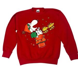 Vintage 90s Tultex Snoopy Peanuts Christmas Sweatshirt Adult L Red Holiday 80s
